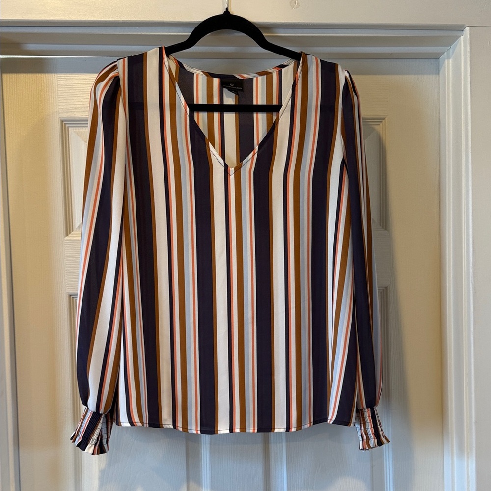 Worthington Navy and White Striped V-Neck Blouse
